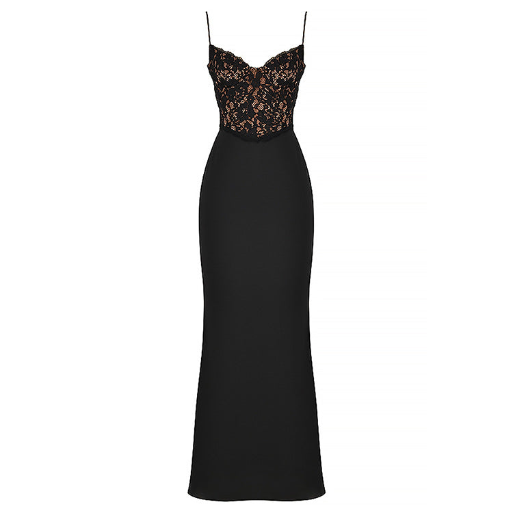 Robe longue en dentelle taille haute et décolleté en V, coupe sirène